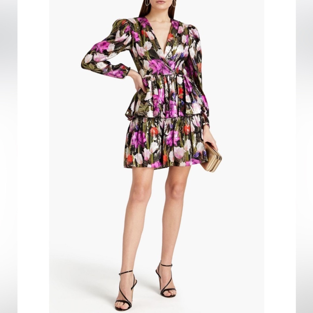 BORGO DE NOR AMELIA METALLIC FLORAL-PRINT SILK-BLEND JACQUARD MINI DRESS FUCHSIA